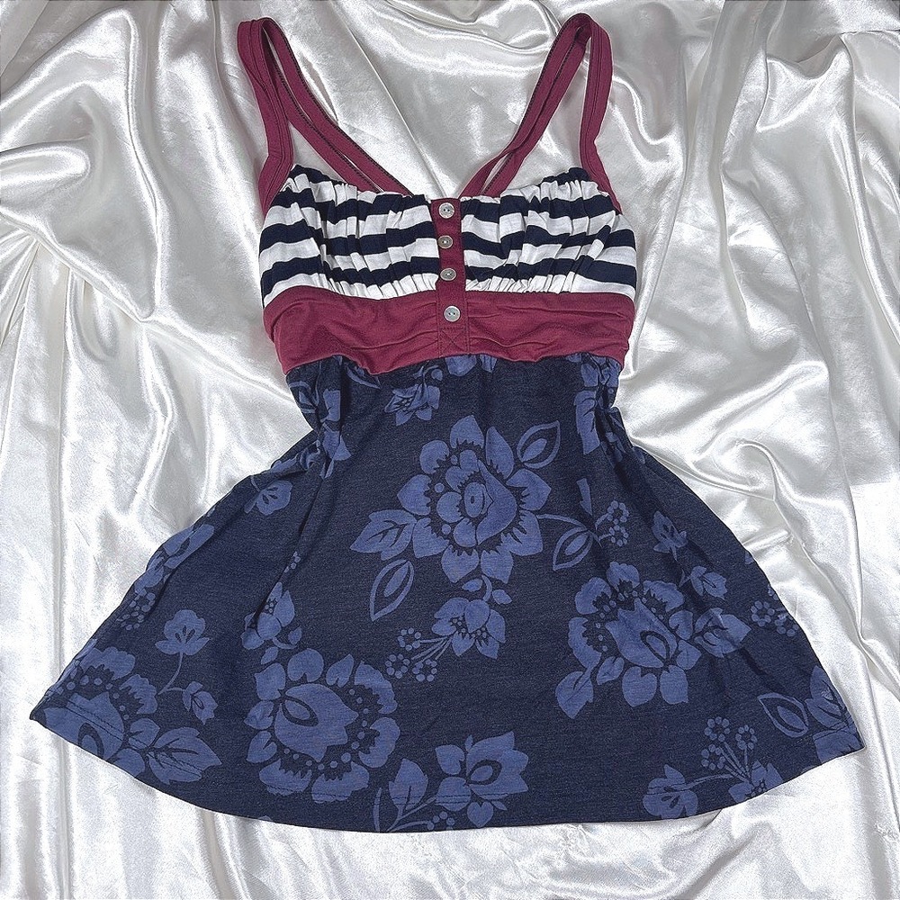y2k Cami Top Navy Burgundy Excellent Floral Striped Empire Waist Babydoll